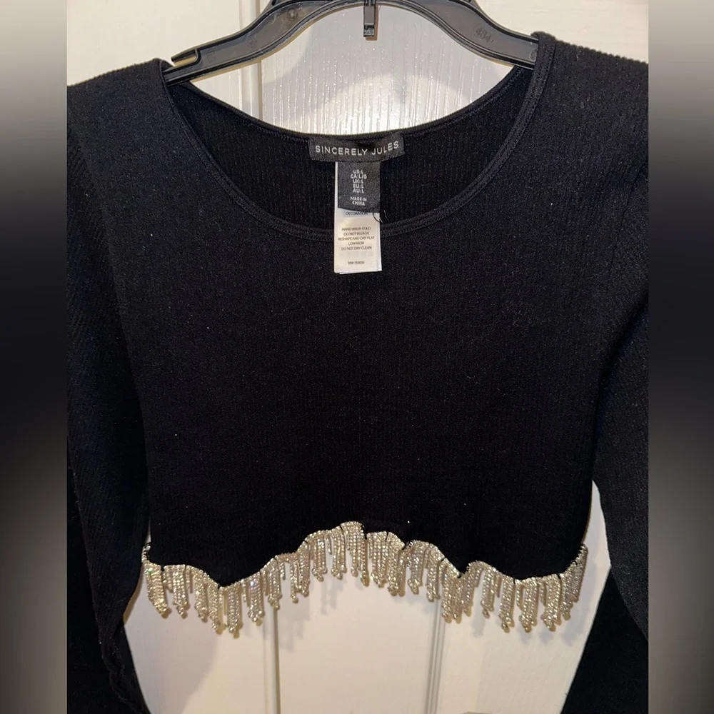 top Sexy hot black diamond 💎 rhinestone dazzling crop blouse size large